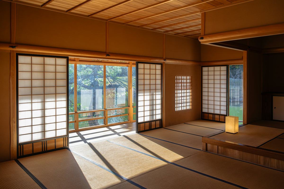 Tatami room opening onto a garden